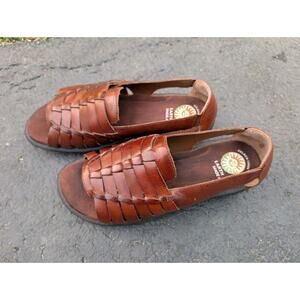 Earth Shoe Womens‎ Cherub Brown Leather Woven Sandals Sz 8.5 Slip On Gelron 2000